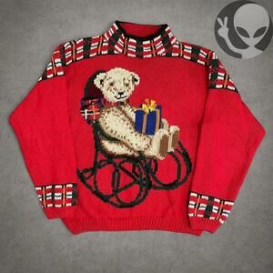 Christmas Bear Knit Sweater Medium Red holiday Vintage 80s